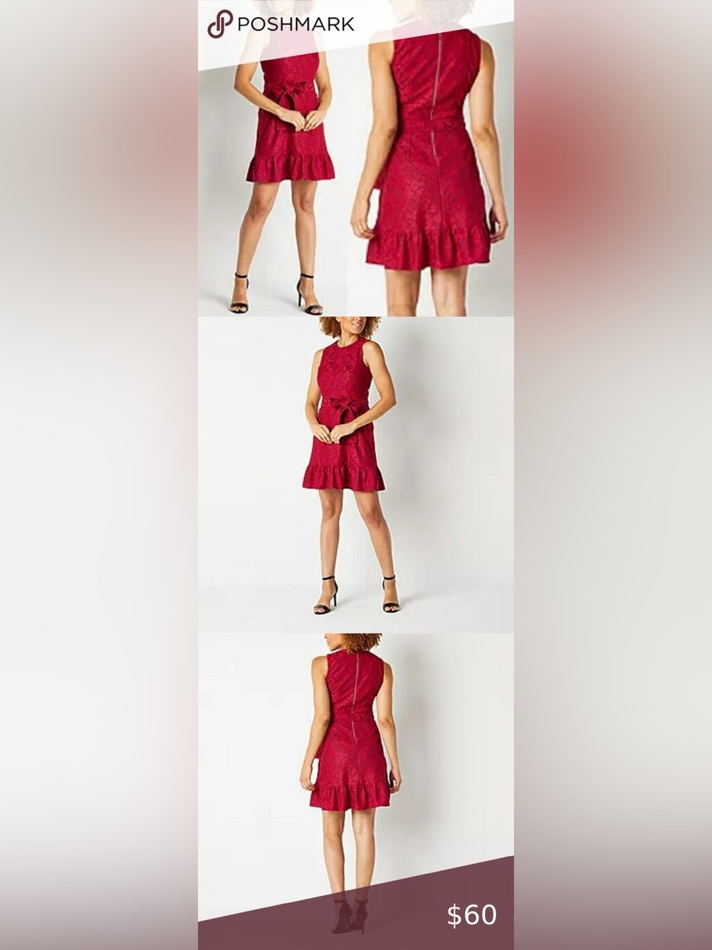 Women's Red Lace Midi Dress with Ruffle Hem
